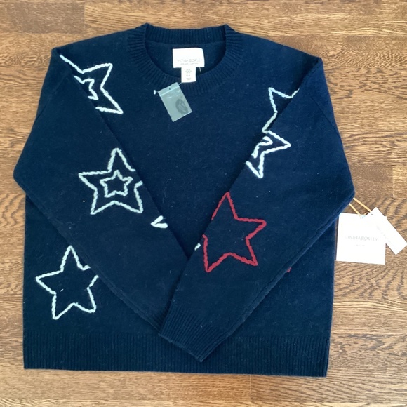 Cynthia Rowley 100% 2-Ply Cashmere Navy Red/White Stars Embroidered Sweater XL - Picture 13 of 14